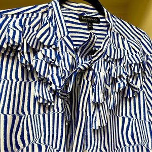 Button up ruffle blouse with ties at neck. Size XL.